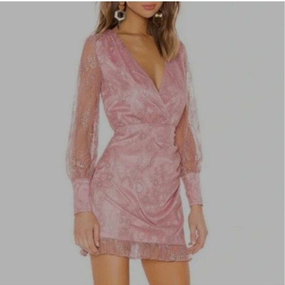 Lovers + Friends "Abigail" Lace Long Sleeve Mini Dress Metallic Rose Size Small - Picture 1 of 16